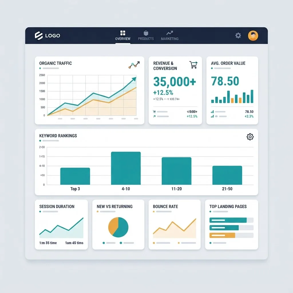 E-commerce SEO analytics dashboard tracking rankings and revenue