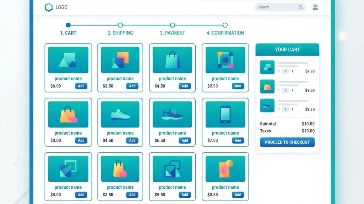 Ecommerce web application example showing product grid, cart, and checkout steps