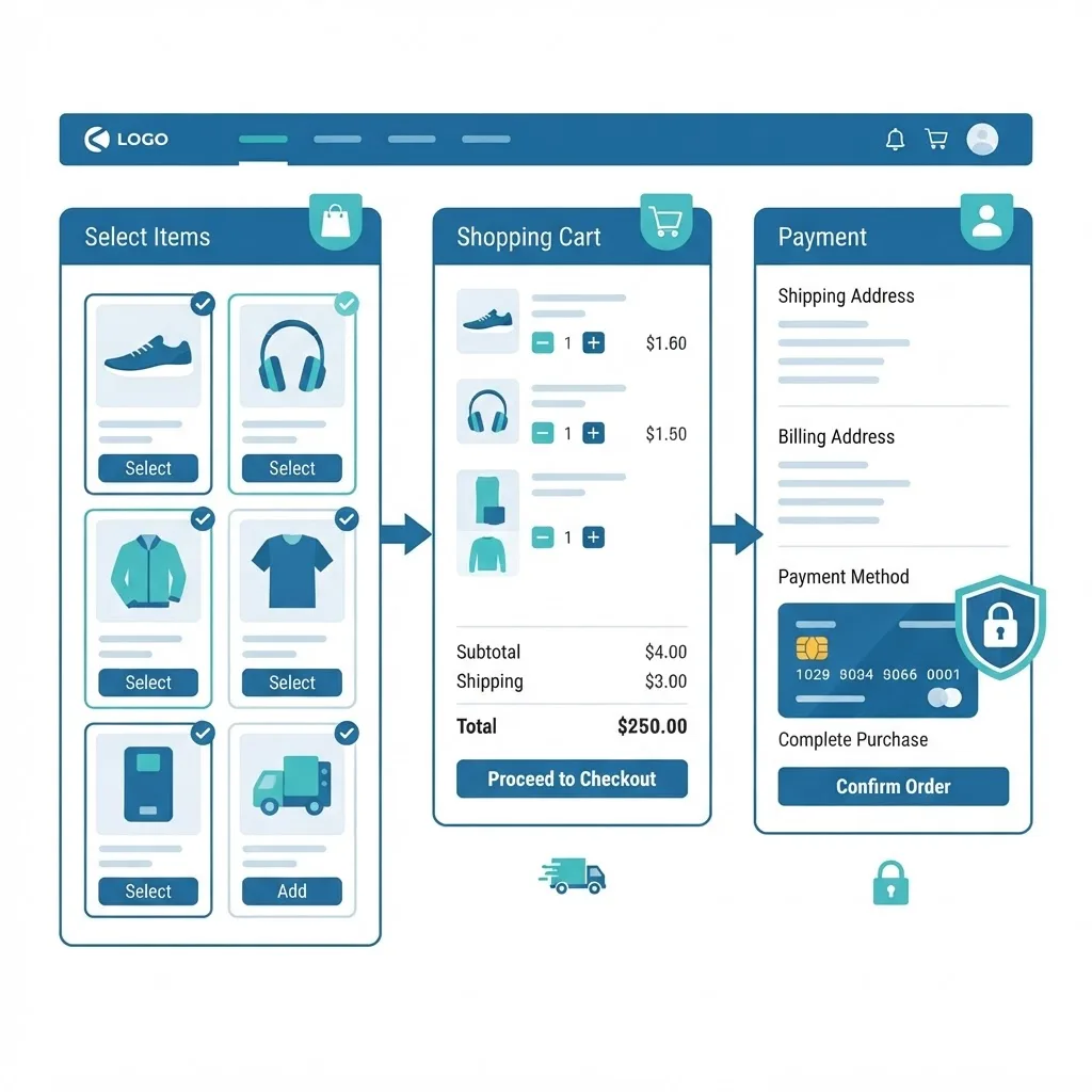 Ecommerce web application checkout flow with cart, payment card and security lock