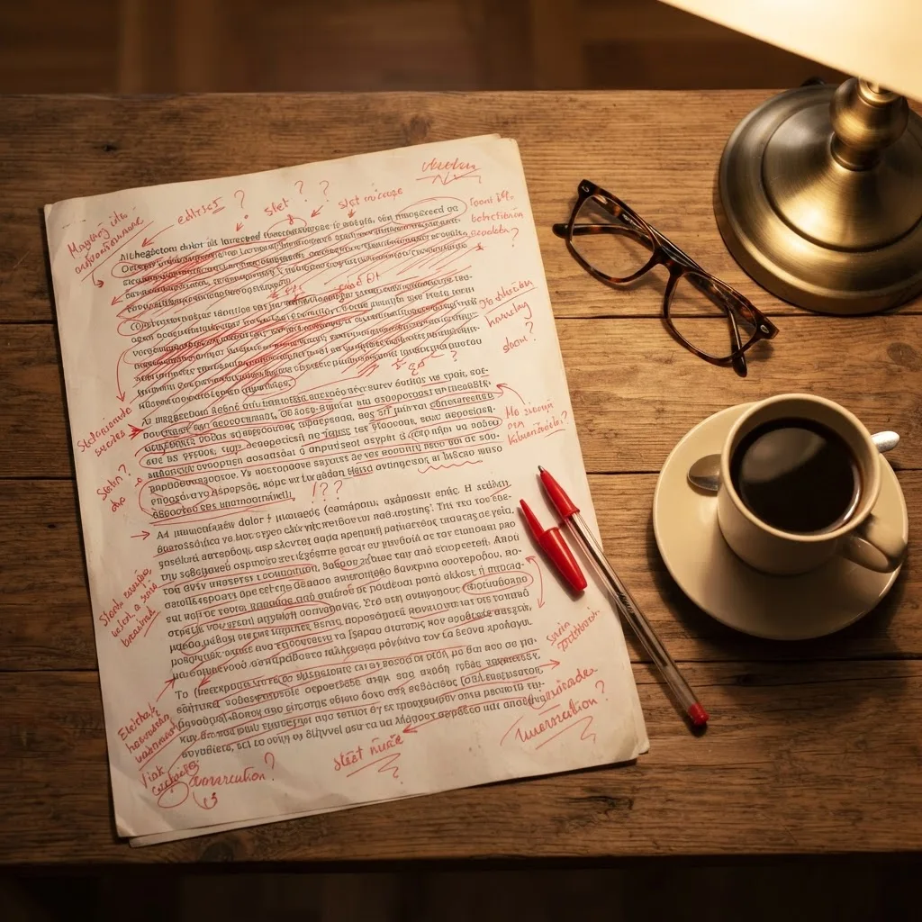 Printed speech draft covered in handwritten red pen edits