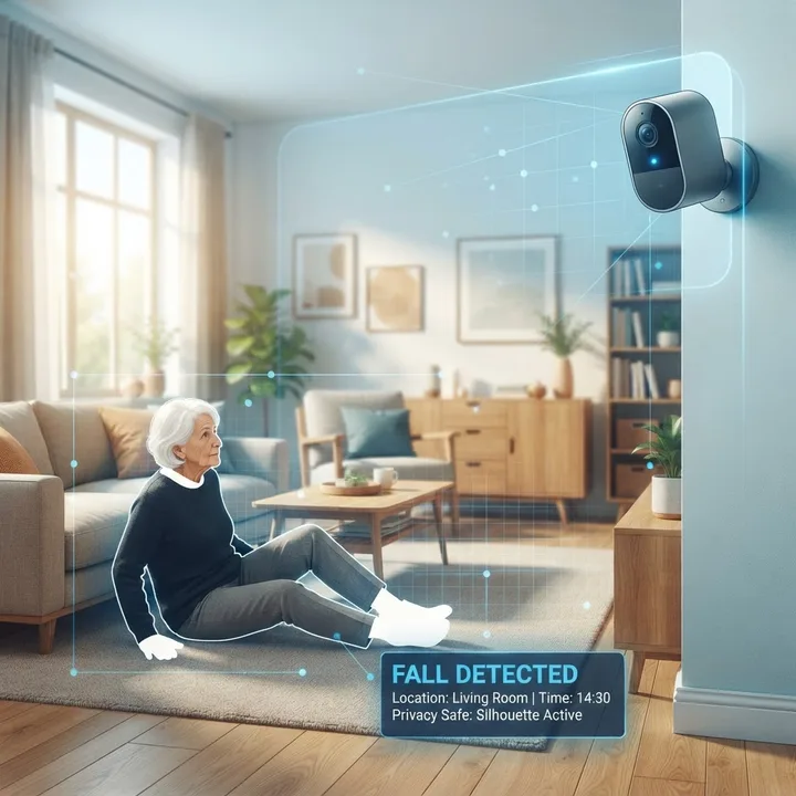 AI camera monitoring an elderly person for falls with privacy overlay