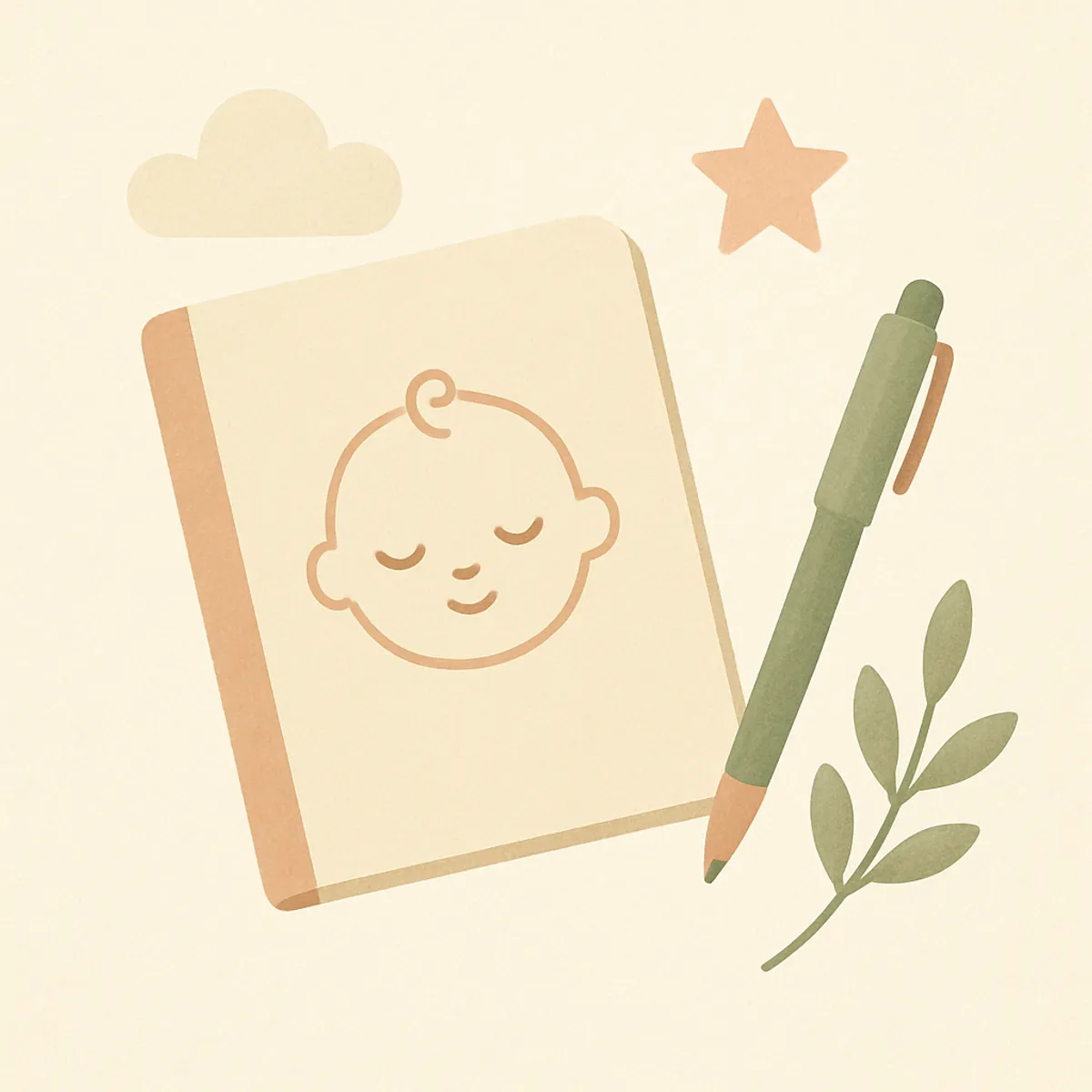 Notebook and pen with a small branch representing naming tips