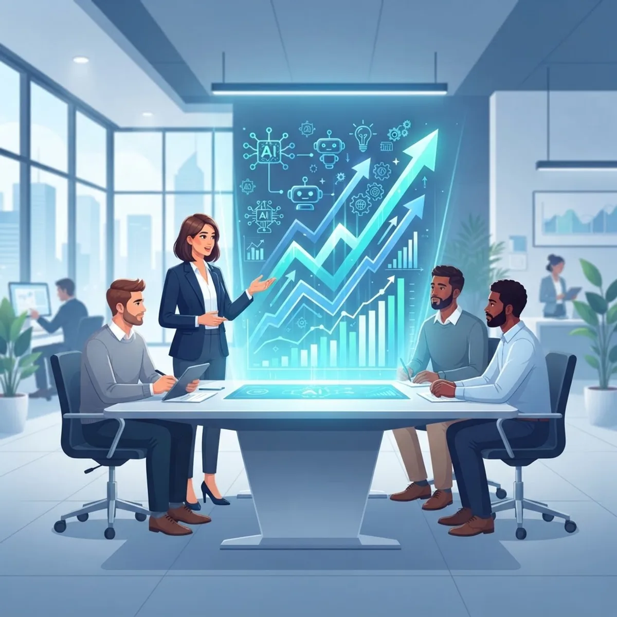 Enterprise team reviewing AI adoption growth charts in an office