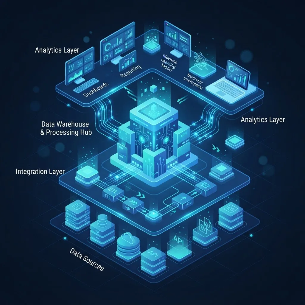 Isometric illustration of enterprise intelligence system architecture