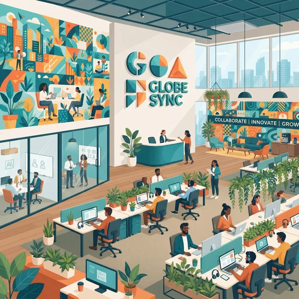 Branded office interior with dimensional logo wall and colorful environmental murals