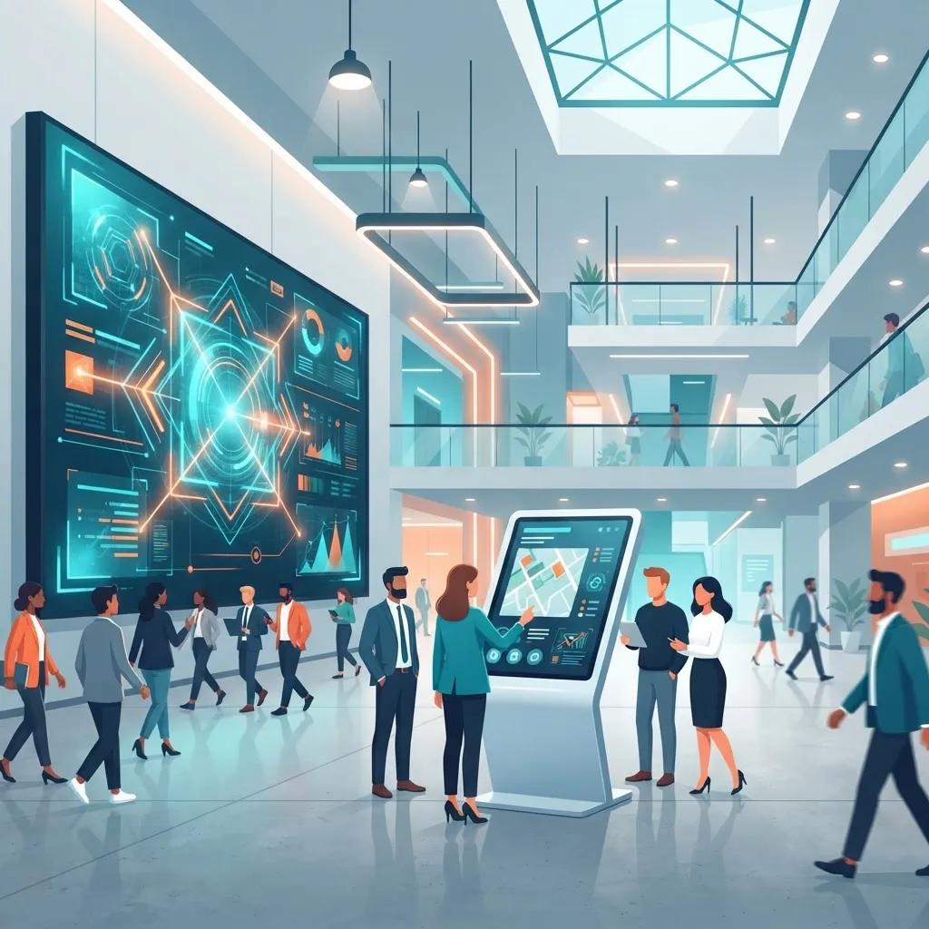 Modern building atrium with LED video wall and interactive digital signage kiosk