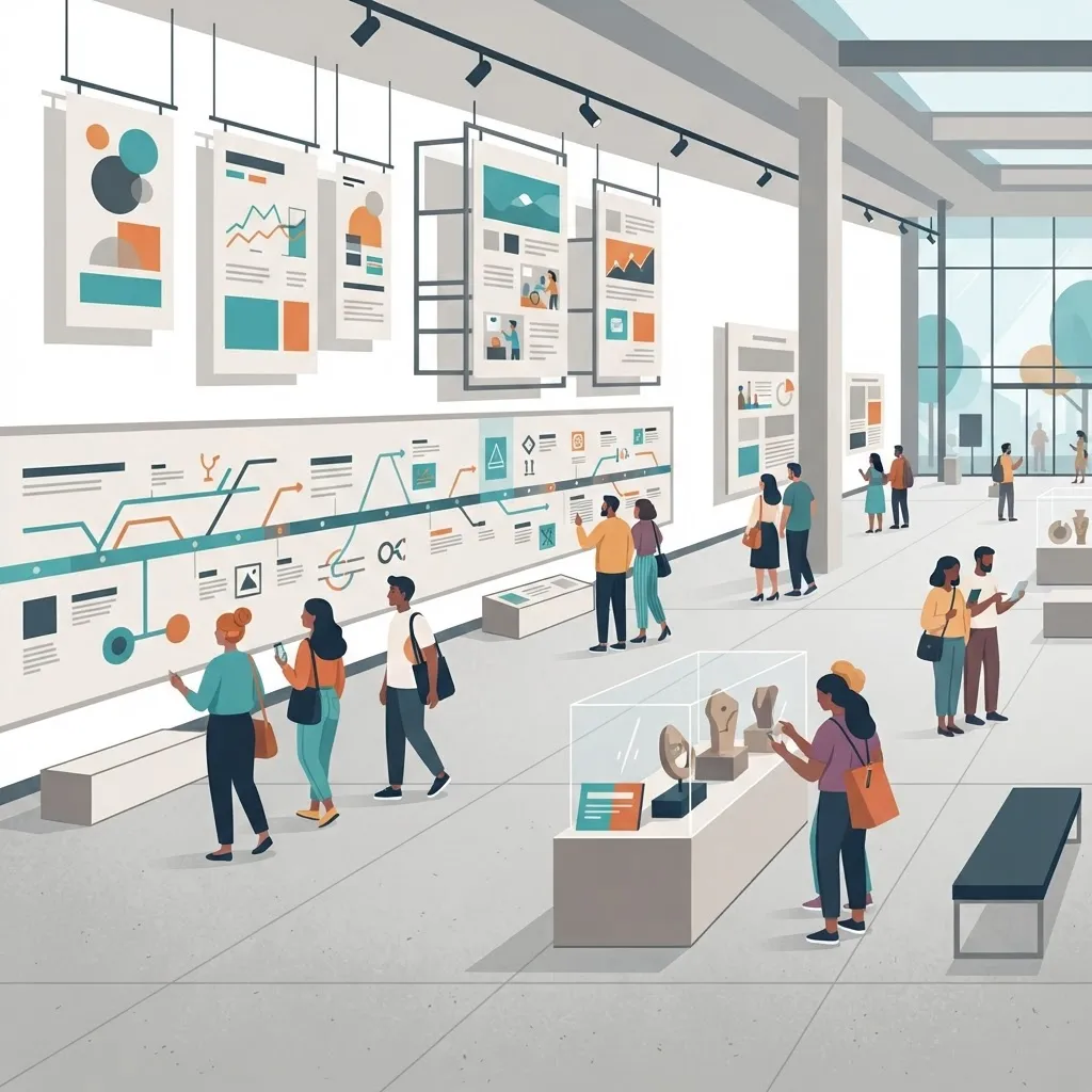 Museum exhibition space with large interpretive graphic panels and timeline displays