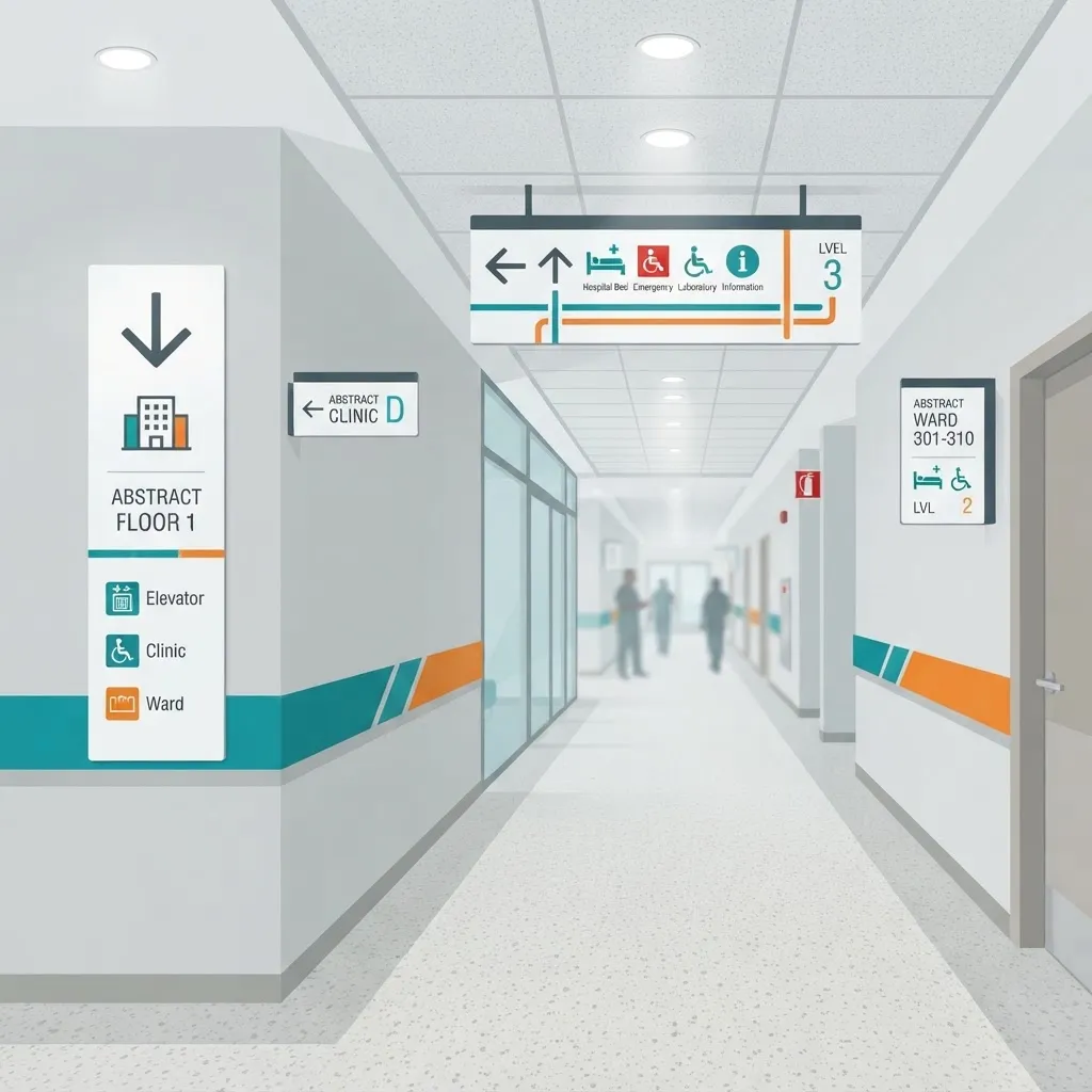 Wayfinding signage system with directional arrows and pictograms in a corridor