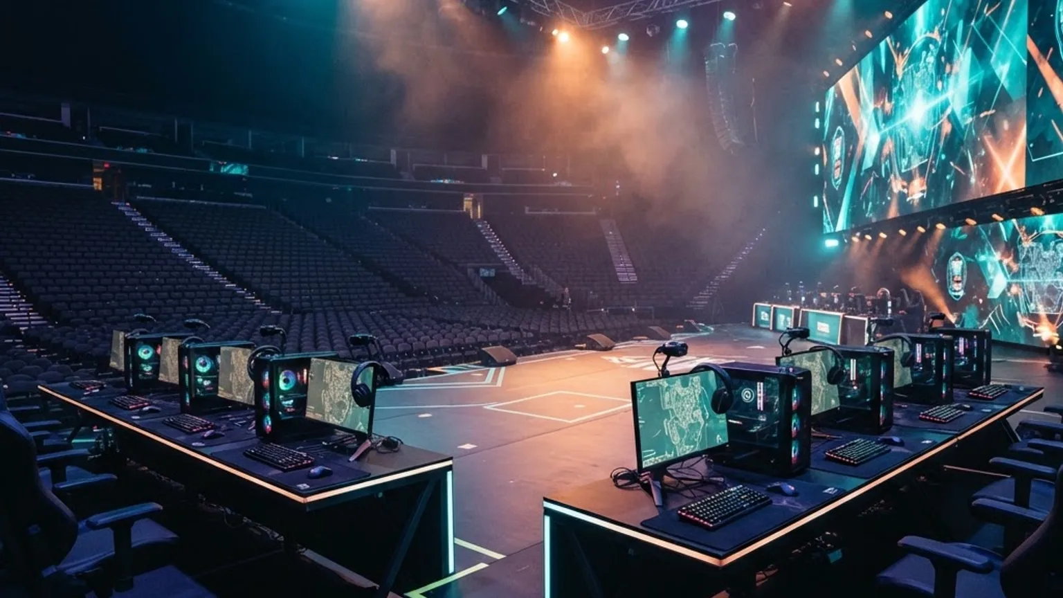 Esports tournament stage with high refresh rate gaming setups