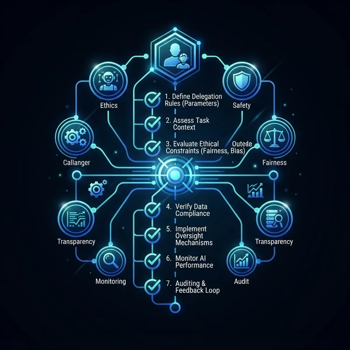 Conceptual illustration of an ethical AI delegation framework with connected nodes