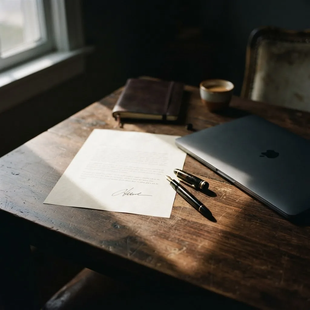 Signed disclosure document beside a closed laptop