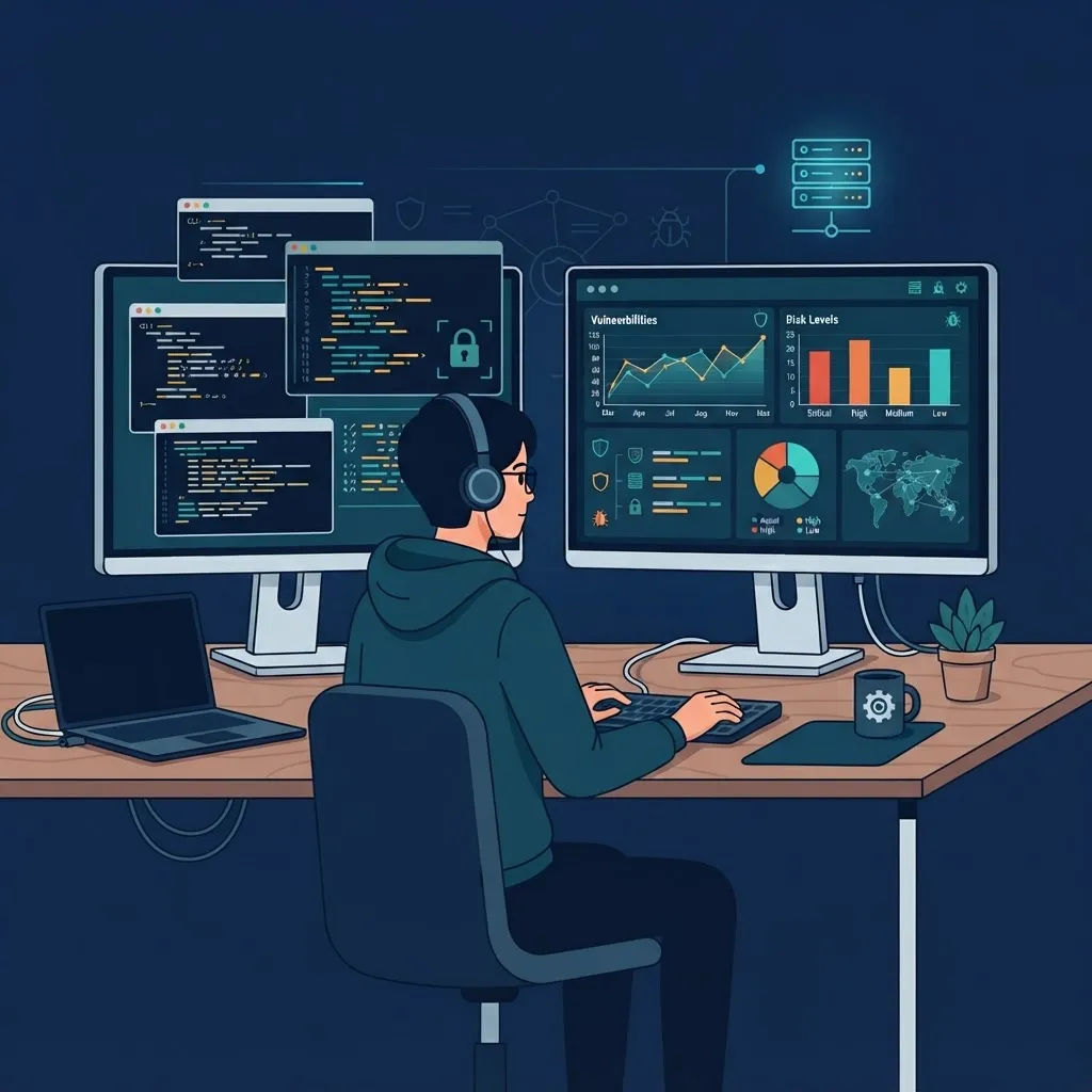 Ethical hacker reviewing a web server security audit on dual monitors