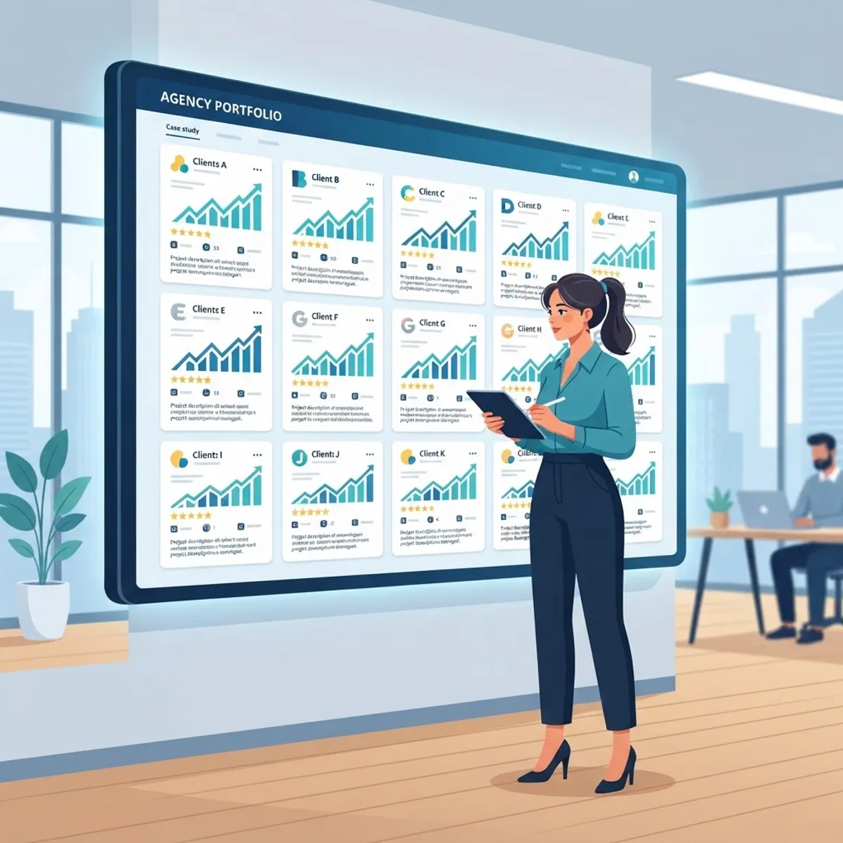 Marketer evaluating agency portfolio and case study results on screen