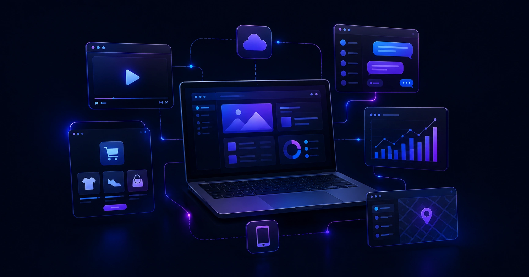 Examples of web applications shown as floating dashboard, chat, and project board interfaces