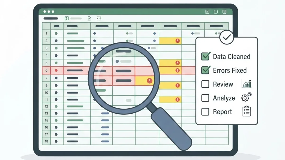 Data audit of a spreadsheet showing duplicate rows and flagged error cells