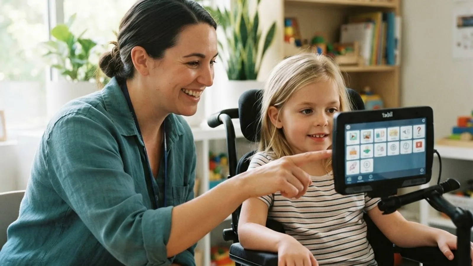 Therapist supporting a child learning to use an eye gaze device