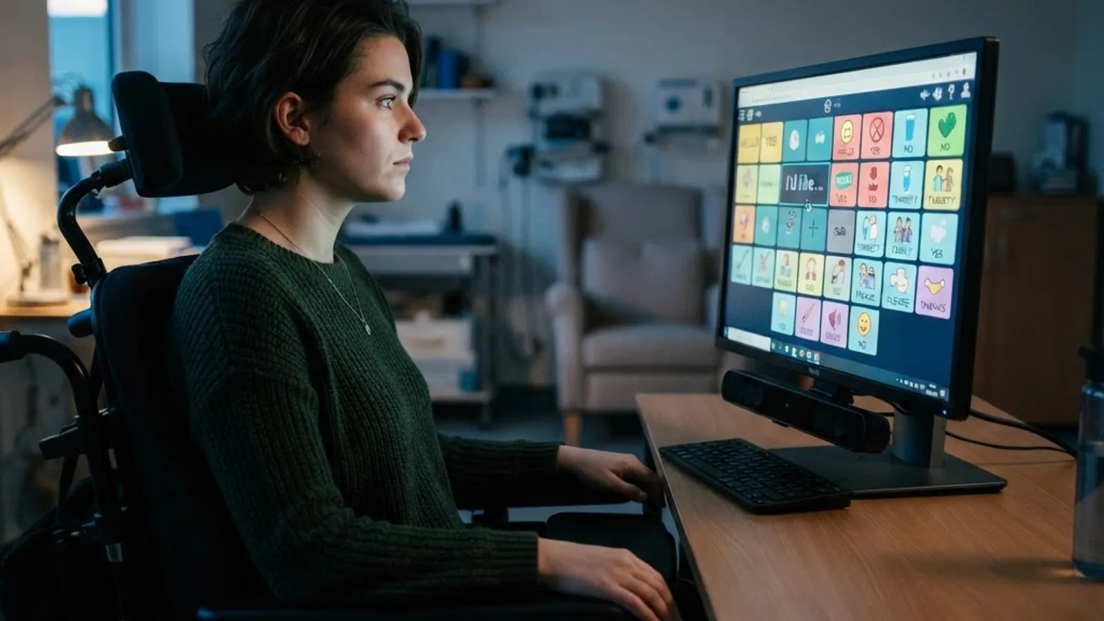 Person using an eye gaze communication device with on-screen keyboard