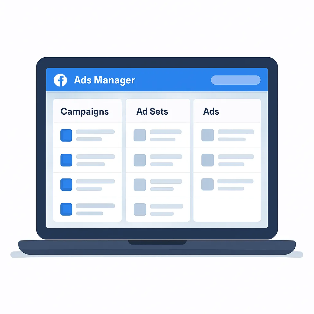 Facebook Ads Manager platform overview on a laptop screen