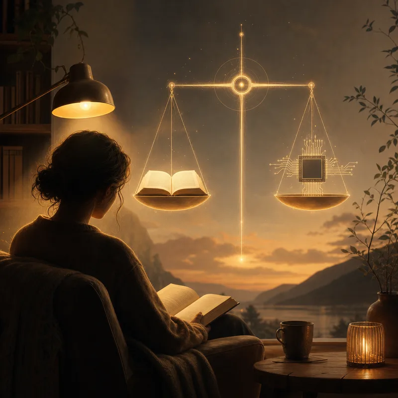 A person reading quietly, weighing a book against a digital chip on a balance