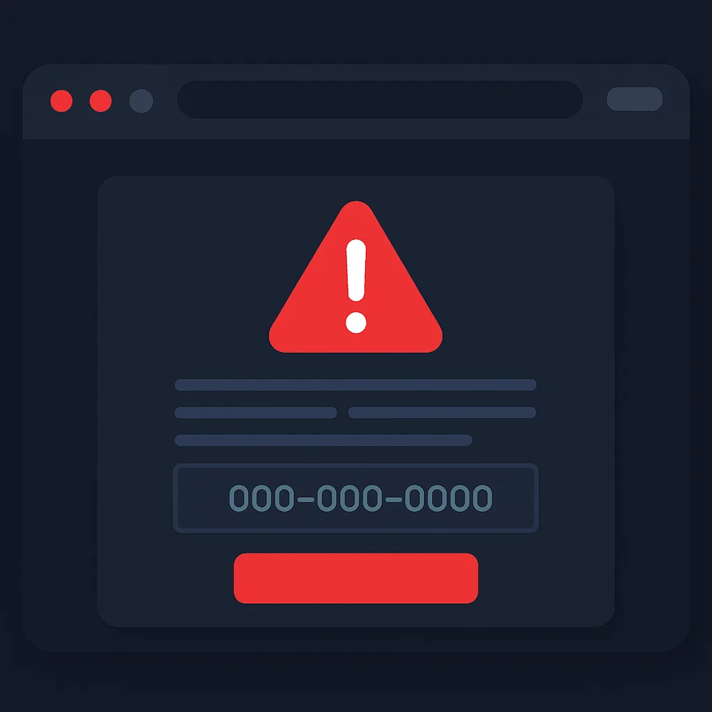 Fake tech support pop-up warning on a browser