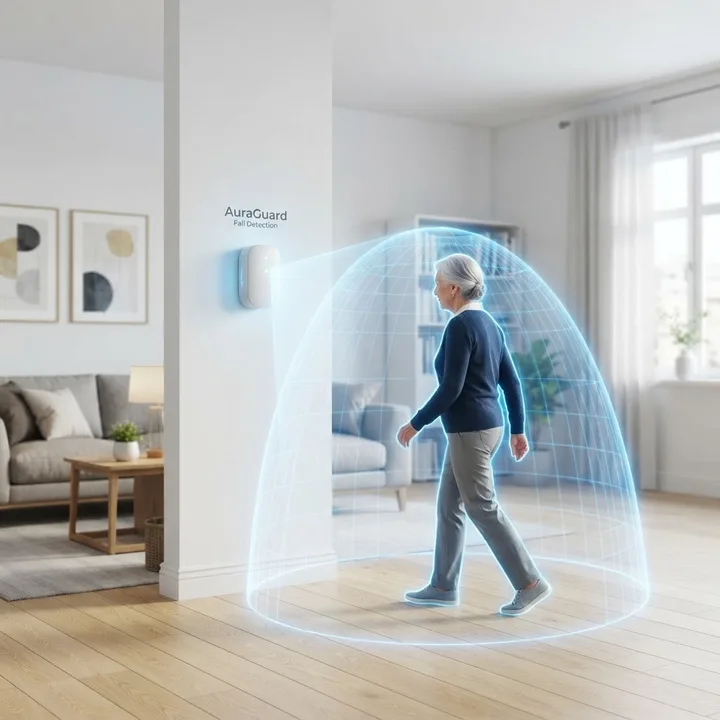 AI fall detection sensor system mounted on a wall