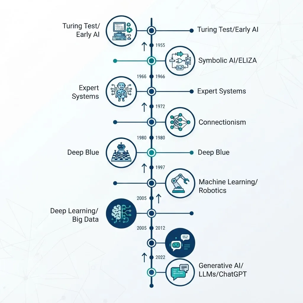 Famous AI milestones vertical timeline with icons