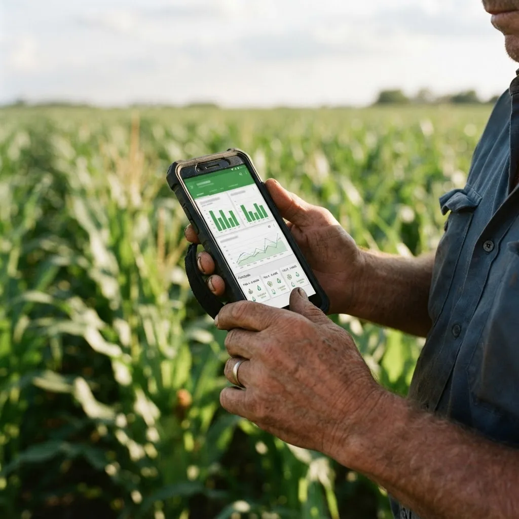 Farmer holding a rugged smartphone showing a simple farm management dashboard