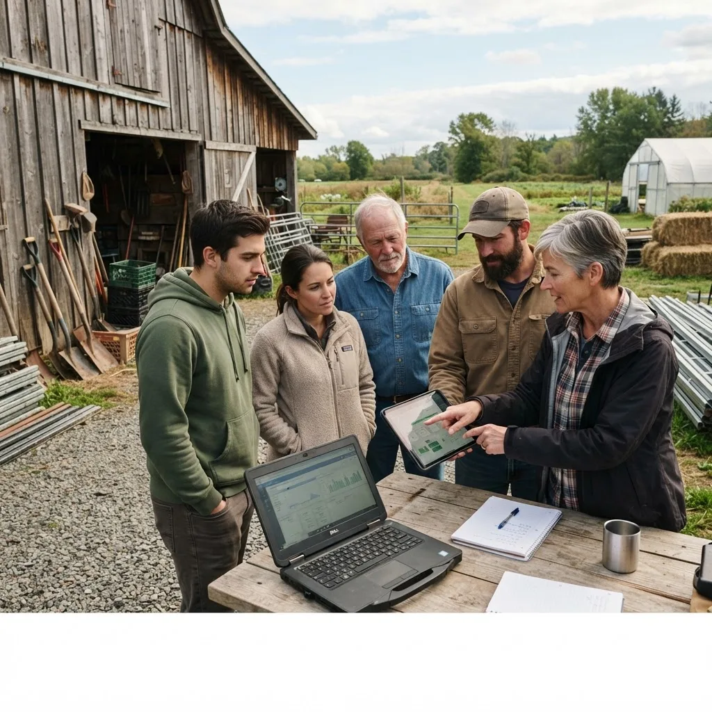 Farmers gathered around a tablet and laptop for an outdoor training session beside a barn