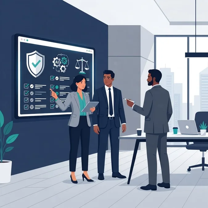 Business team reviewing an AI compliance checklist with shield icon