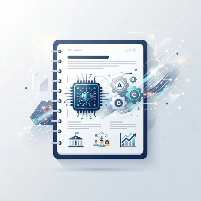 Federal AI policy overview illustration with document and AI chip
