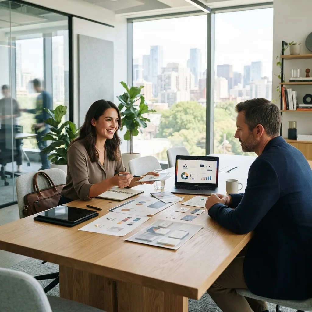 Designer presenting brand concepts to a client in a modern meeting room