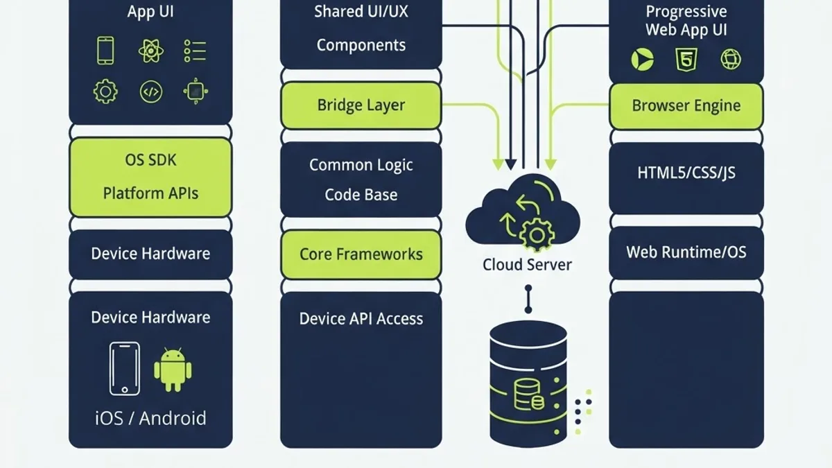 Comparison diagram of native, cross platform and web fitness app stacks