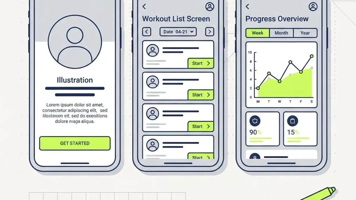 Wireframes for fitness app onboarding, workout and progress screens