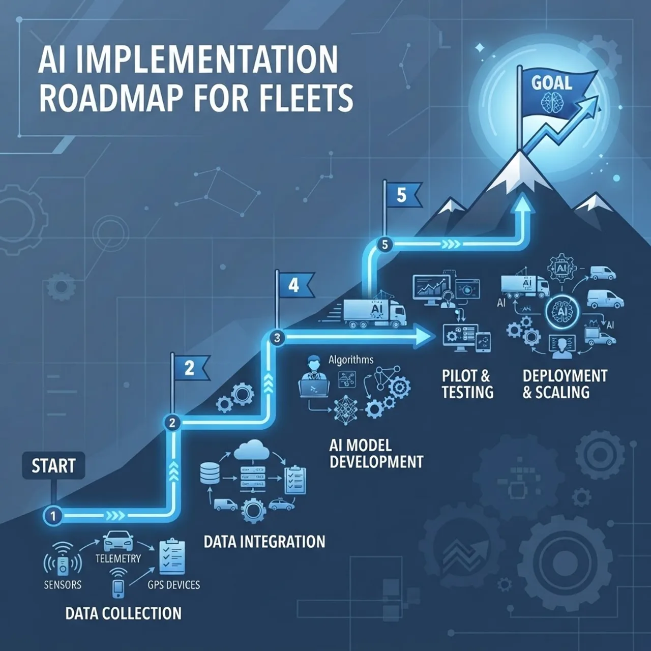 Fleet AI implementation roadmap with milestones and rising trajectory