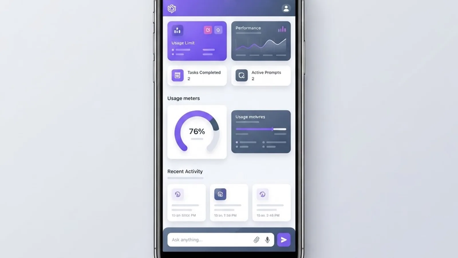 Mobile AI assistant dashboard interface mockup
