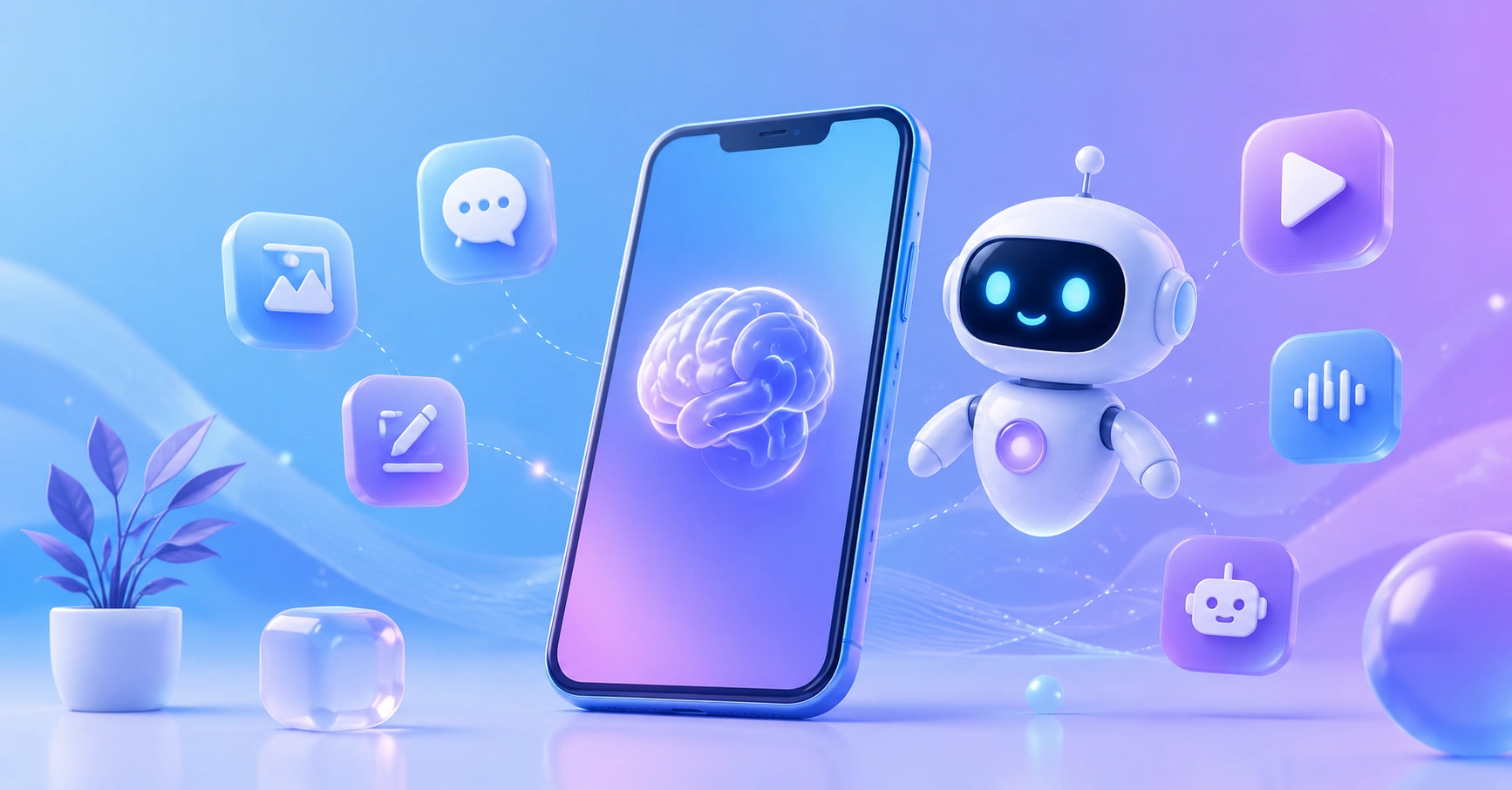Free AI apps shown as glowing icons around a smartphone