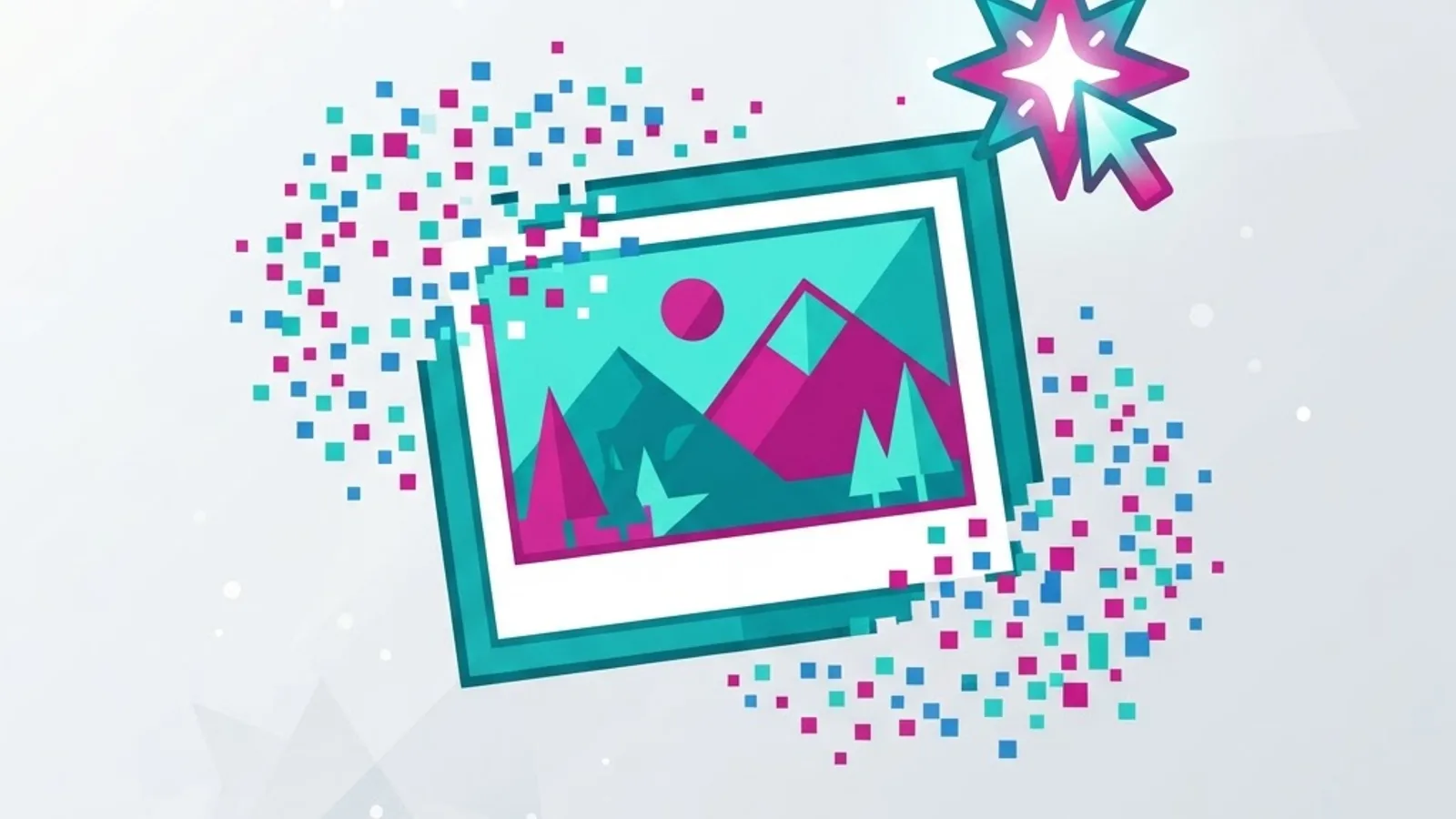 Free AI image generator concept with pixel particles forming a photo