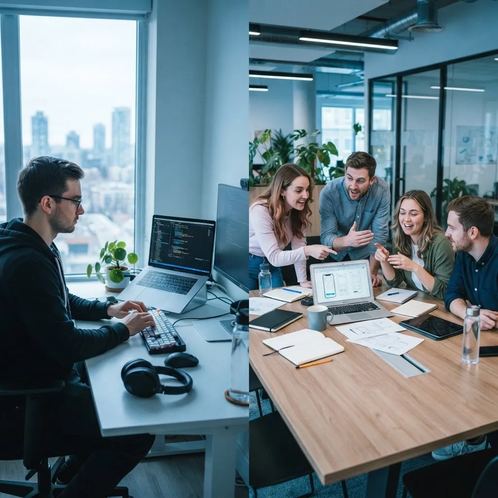 Split scene comparing a solo freelance developer with a collaborating agency team