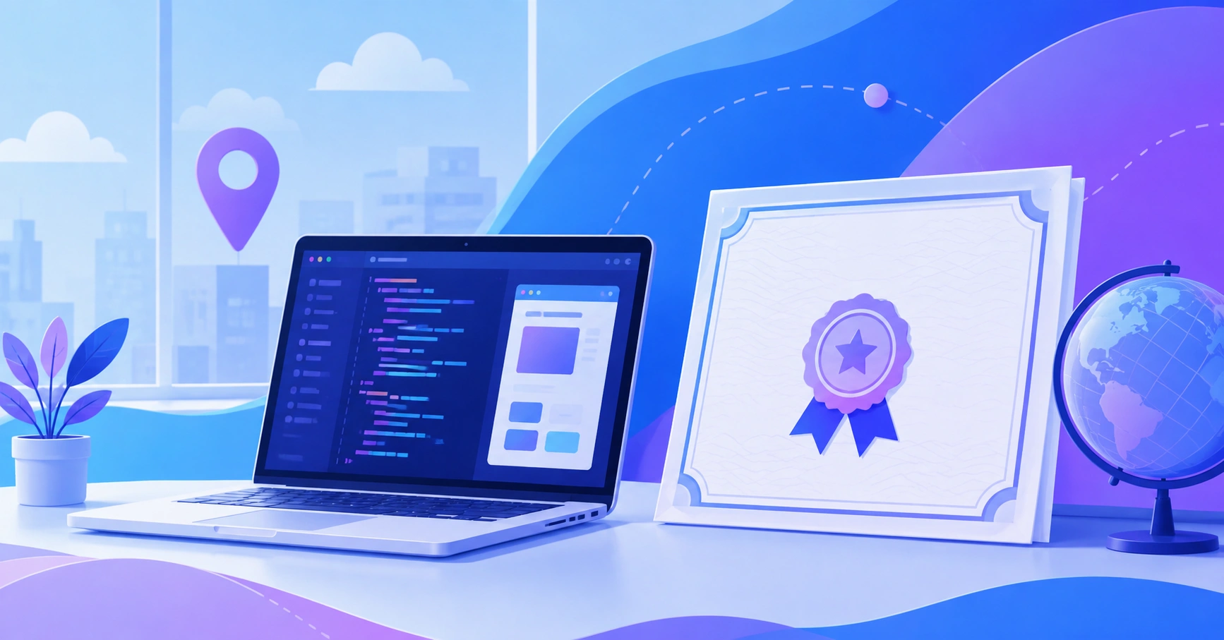 Student studying front end development with a printed certificate on the desk