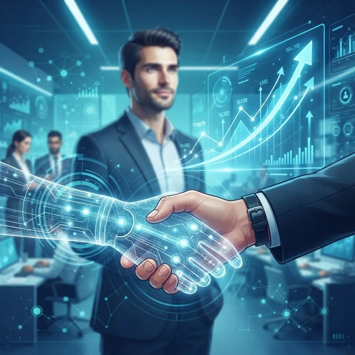 Illustration of accountability and trust between a human and AI with a rising trust graph