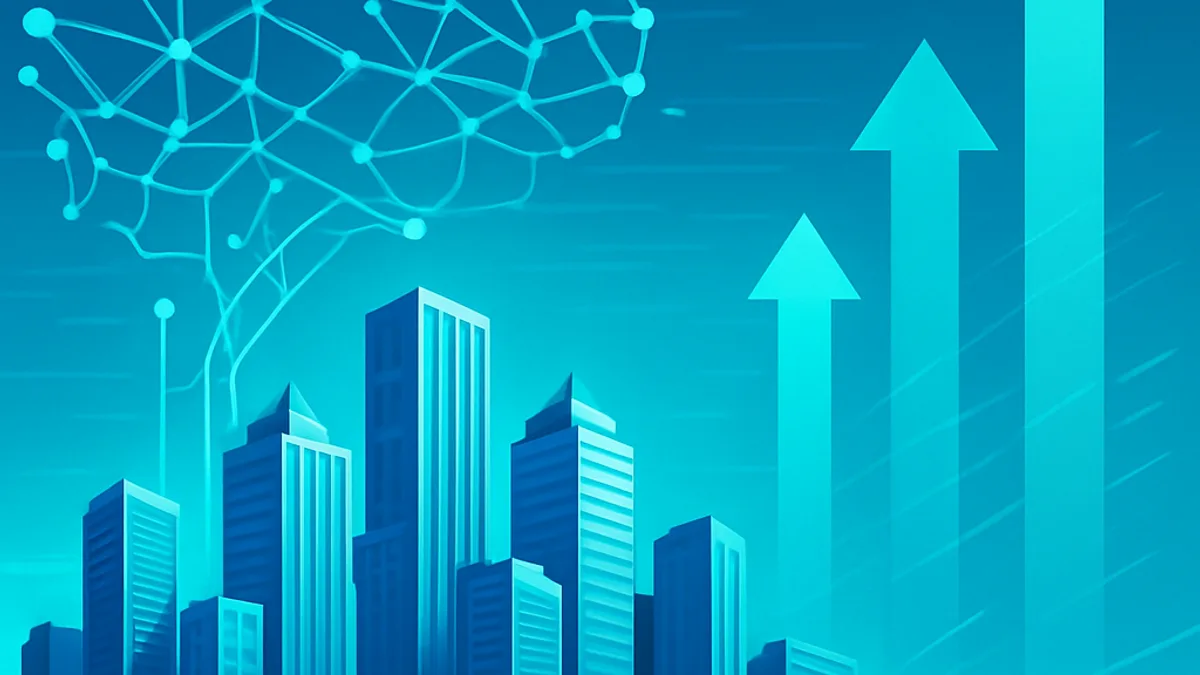 City skyline merging with AI neural networks representing business transformation