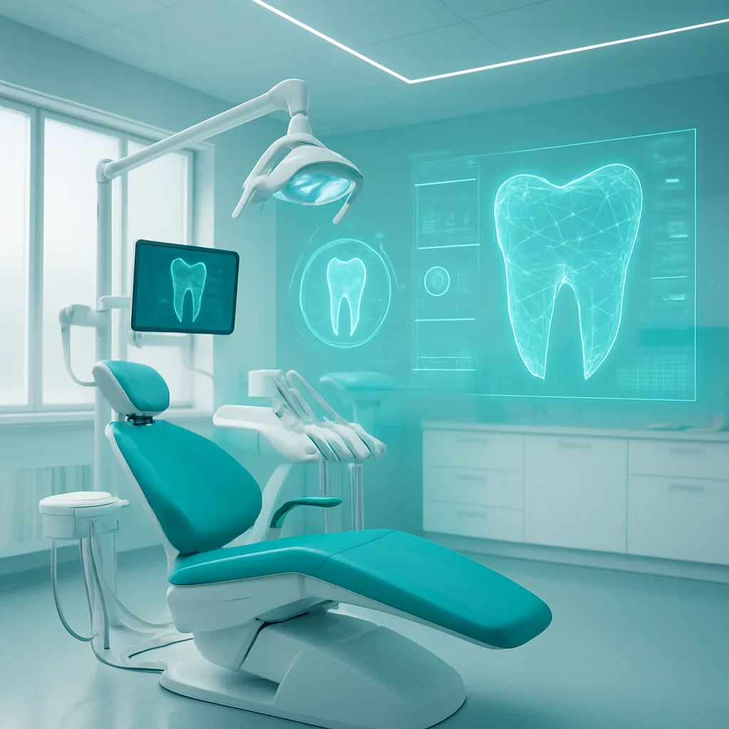 Futuristic dental clinic with holographic 3D tooth displays and AI data