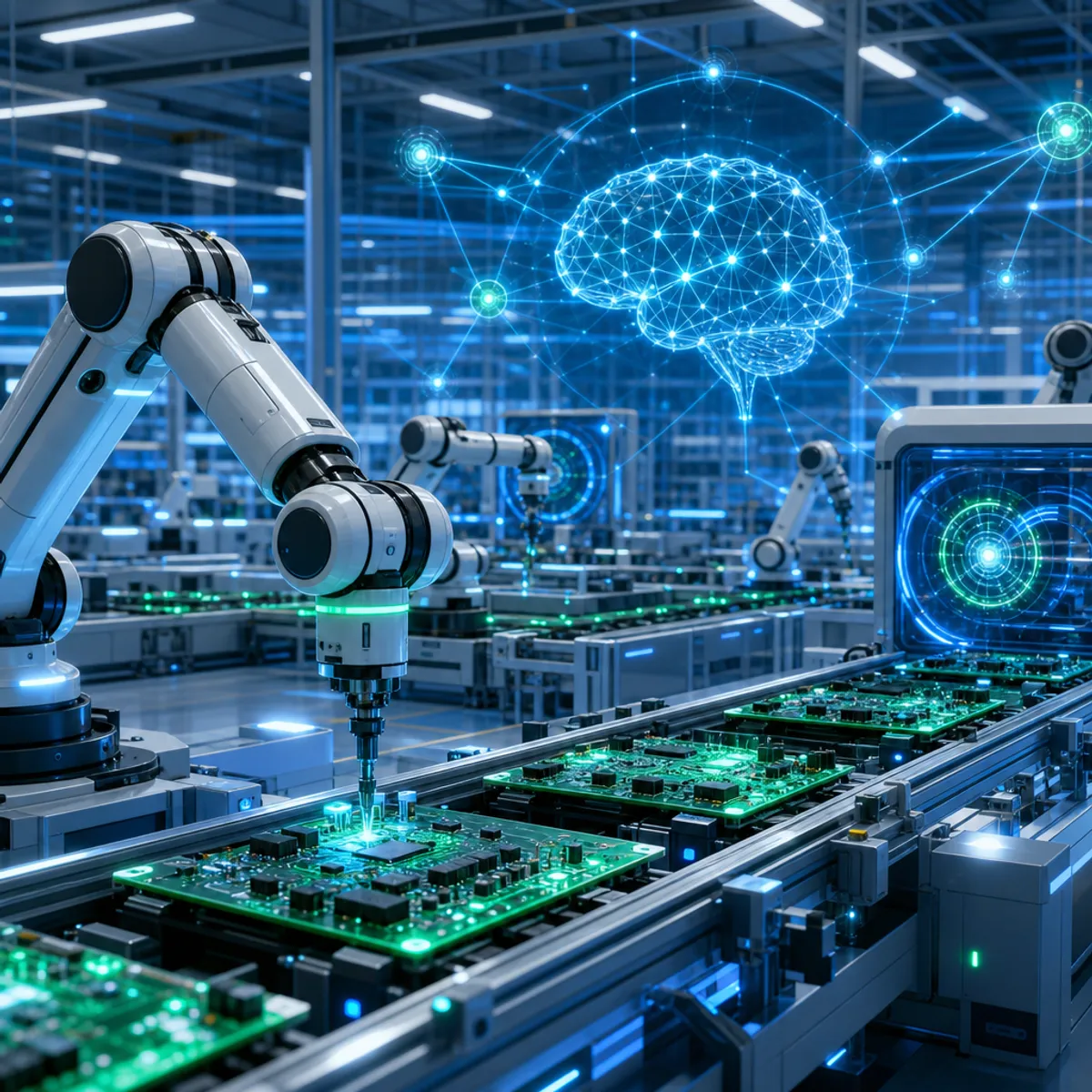 Futuristic smart electronics factory with AI-connected machines and circuit boards