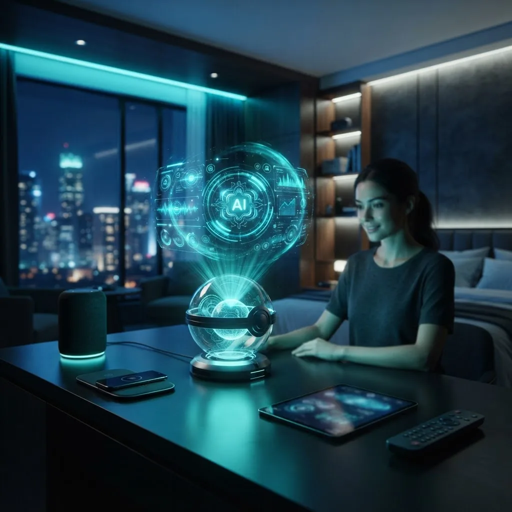 Futuristic AI guest assistant technology in a smart hotel room