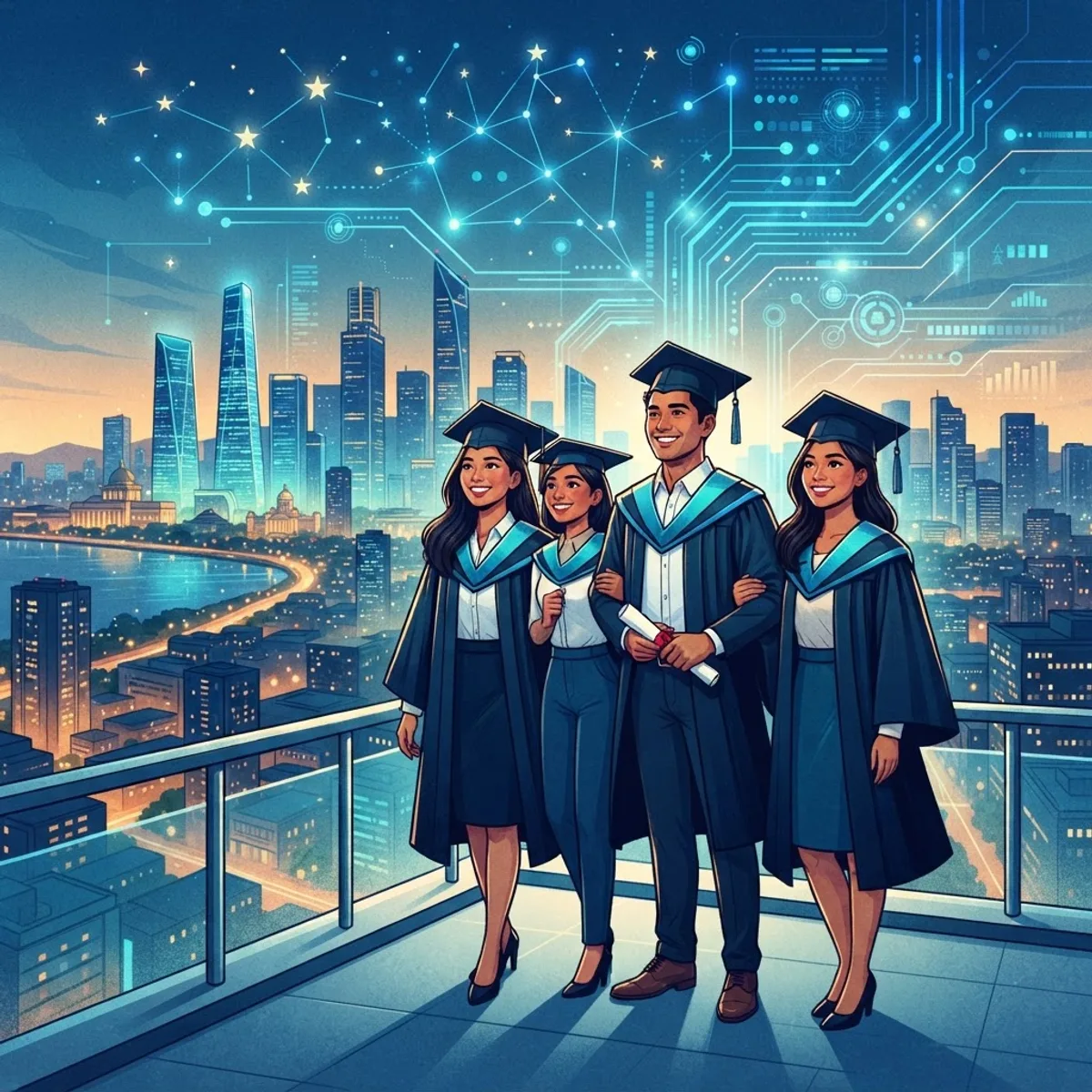Filipino graduates looking toward a city skyline with AI network patterns