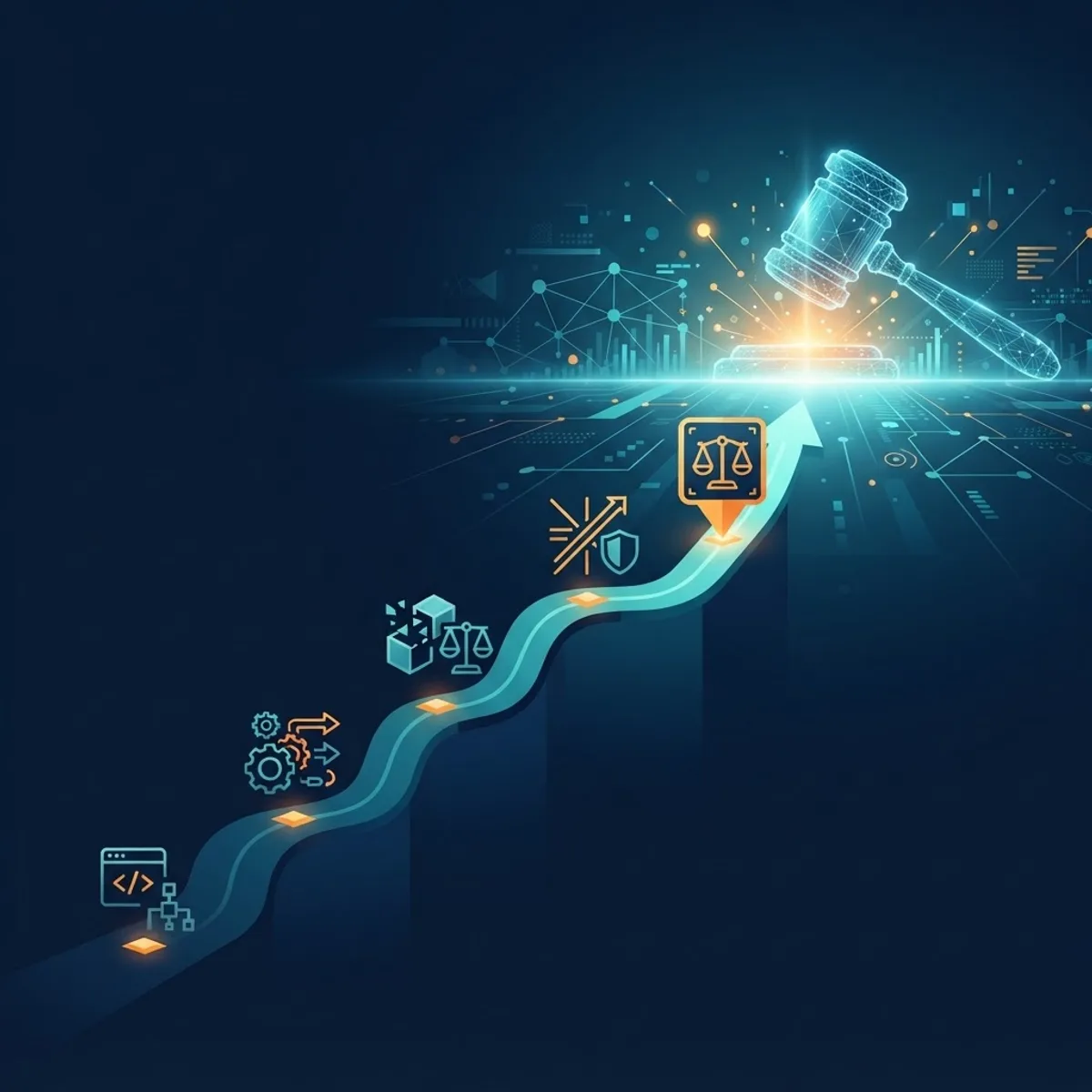 Roadmap path with milestones merging into a digital horizon