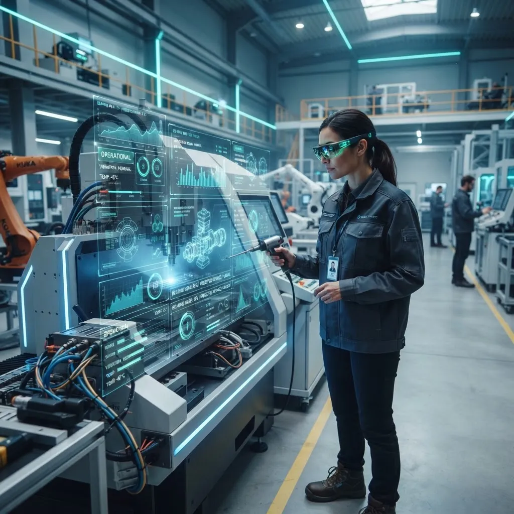 Engineer using AR glasses to inspect a machine with holographic health data
