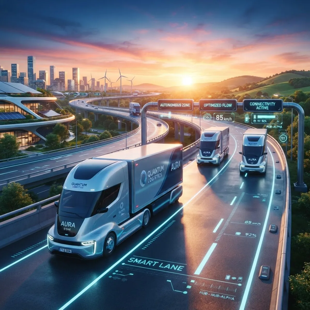 Futuristic autonomous electric trucks on a connected smart highway at sunrise