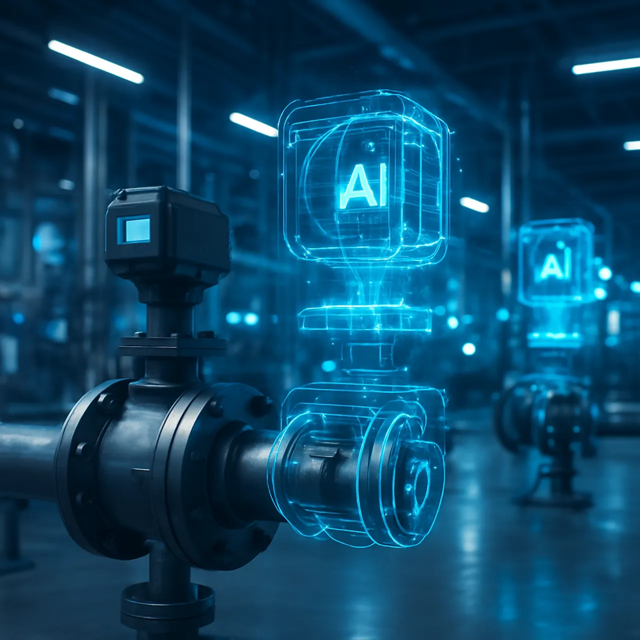 Futuristic AI-driven smart valves with digital twin holograms in a high-tech facility
