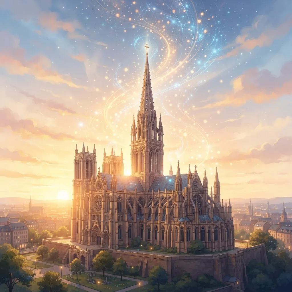 Sunrise over a cathedral spire with rising digital light particles